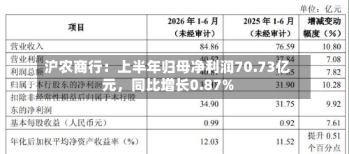 沪农商行：上半年归母净利润70.73亿元，同比增长0.87%