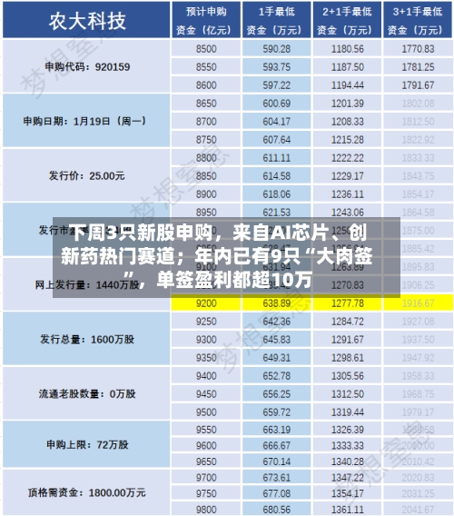 下周3只新股申购，来自AI芯片、创新药热门赛道；年内已有9只“大肉签”，单签盈利都超10万