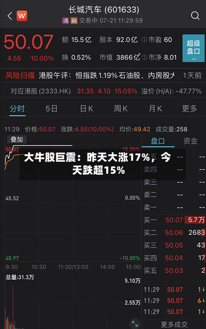 大牛股巨震：昨天大涨17%，今天跌超15%