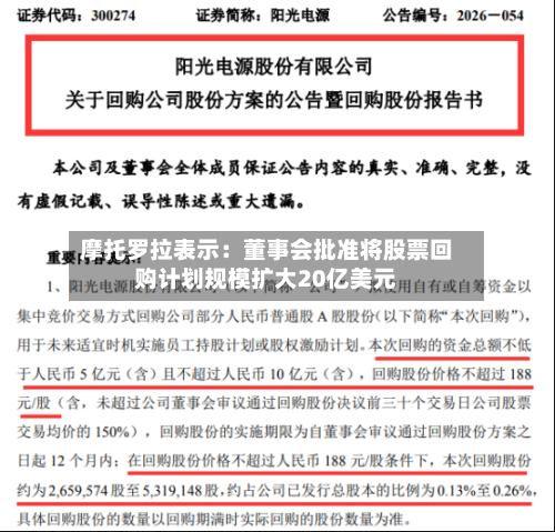 摩托罗拉表示：董事会批准将股票回购计划规模扩大20亿美元