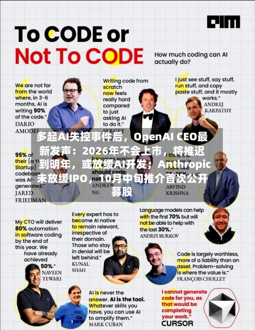 多起AI失控事件后	，OpenAI CEO最新发声：2026年不会上市，将推迟到明年，或放缓AI开发；Anthropic未放缓IPO	，10月中旬推介首次公开募股-第1张图片