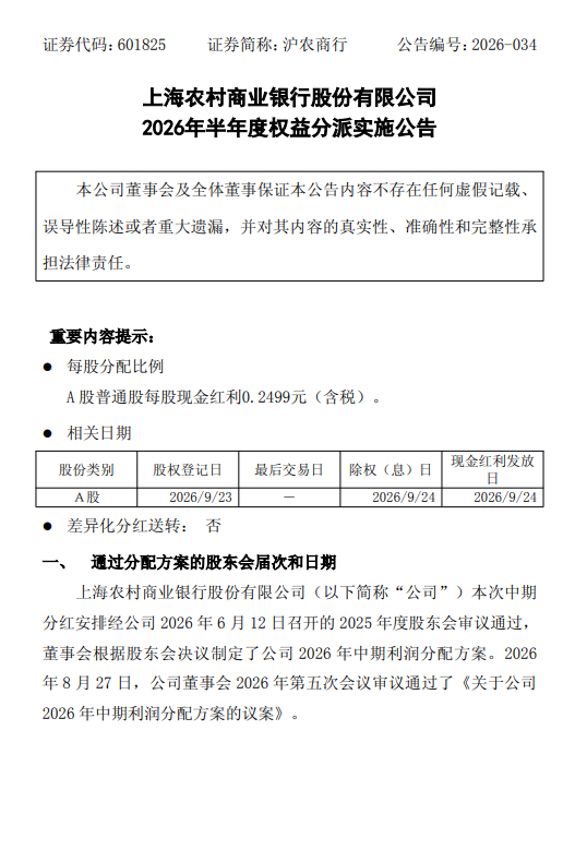 沪农商行:拟于9月24日实施2026年半年度权益分派